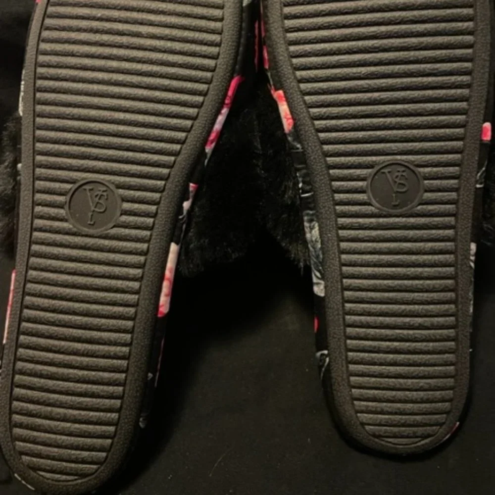 Victoria's Secret Floral Satin Slippers  faux fur trim. Size L  Black pink NWOT - Picture 6 of 12